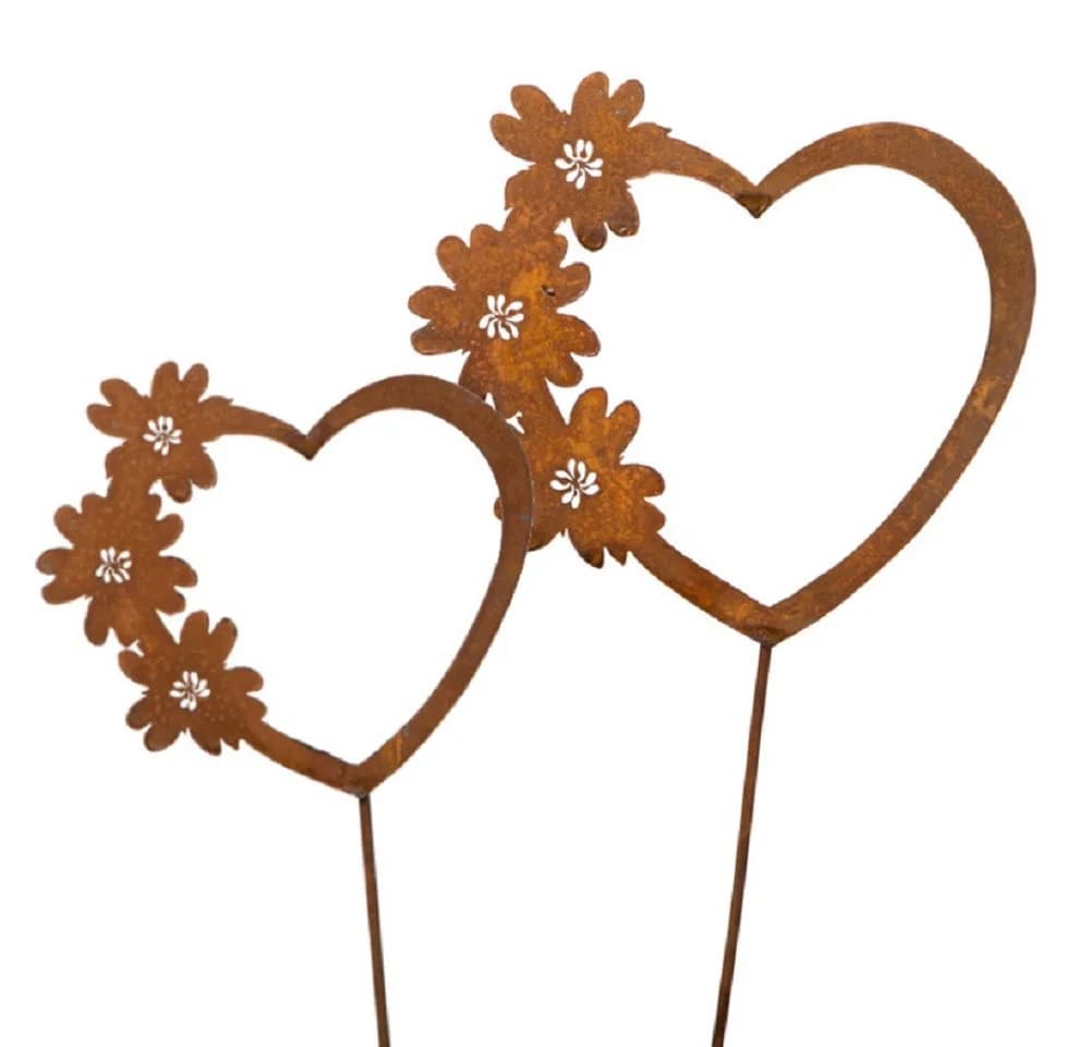 Dragimex Gartenstecker Metall Herz mit Blumen Rost 38 cm