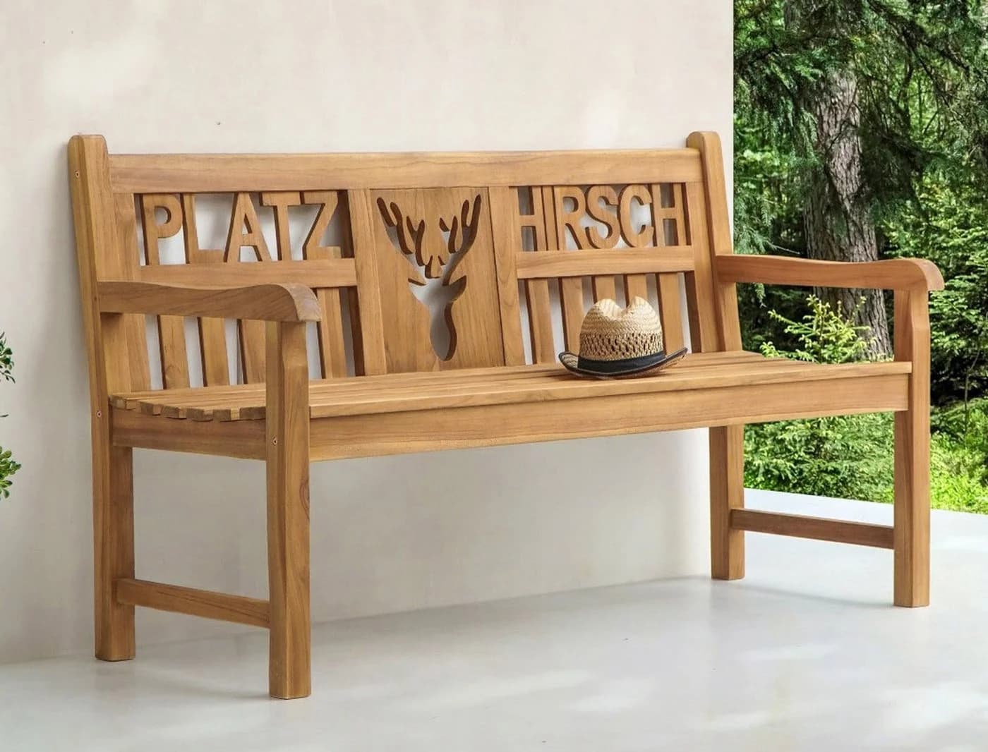 Garden Pleasure Gartenbank Teak 3-Sitzer mit Armlehne Hirsch-Motiv