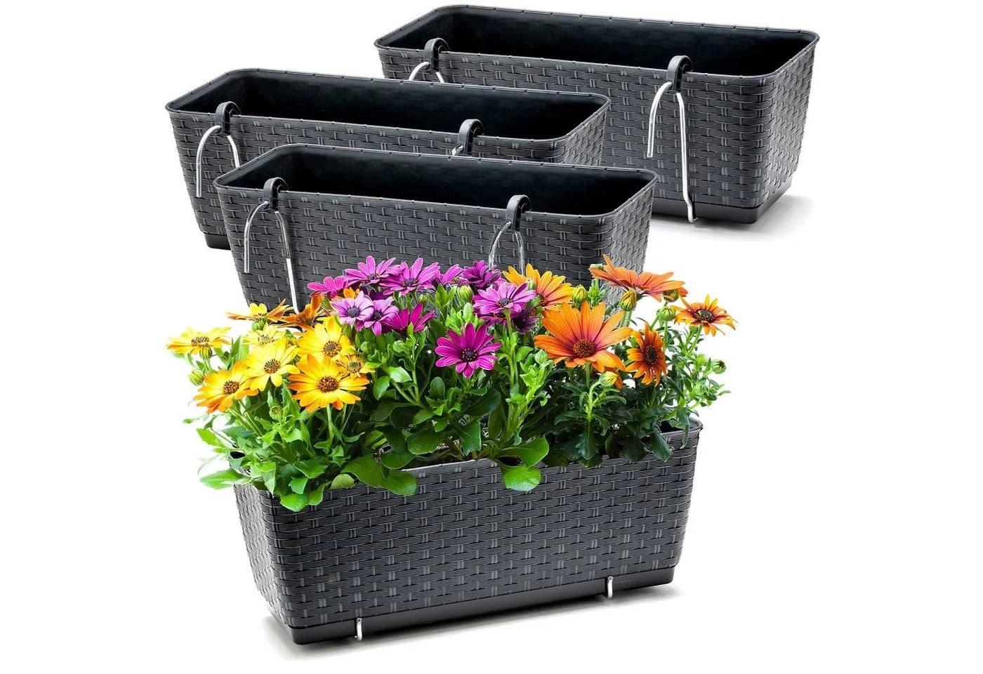 BigDean Blumenkasten 4er Set mit Bewässerungssystem Rattan-Optik Anthrazit - Bild 2