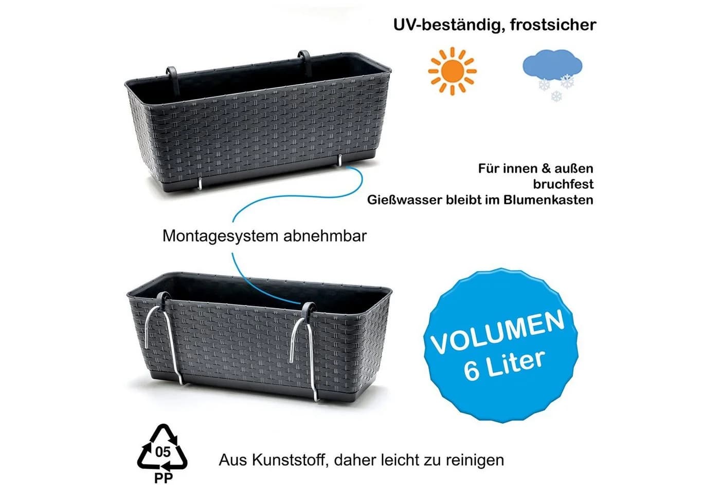 BigDean Blumenkasten 4er Set mit Bewässerungssystem Rattan-Optik Anthrazit - Bild 3