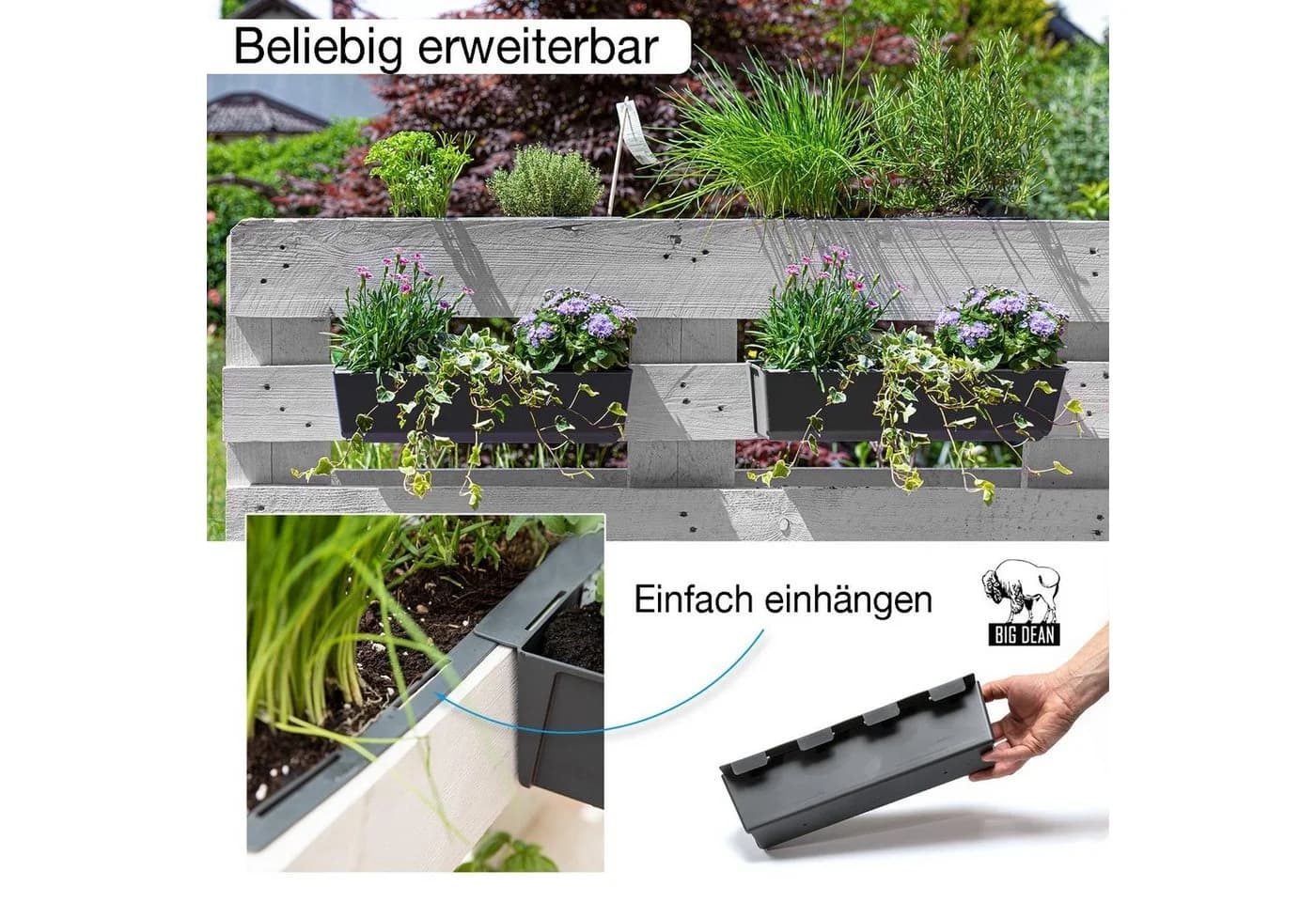 BigDean Blumenkasten Paletten-Einsatz 4-tlg. Anthrazit Kunststoff - Bild 5