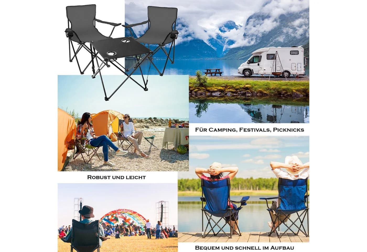 BigDean Campingstuhl Set 2 Stühle + Tisch Dunkelgrau Faltbar Wetterfest