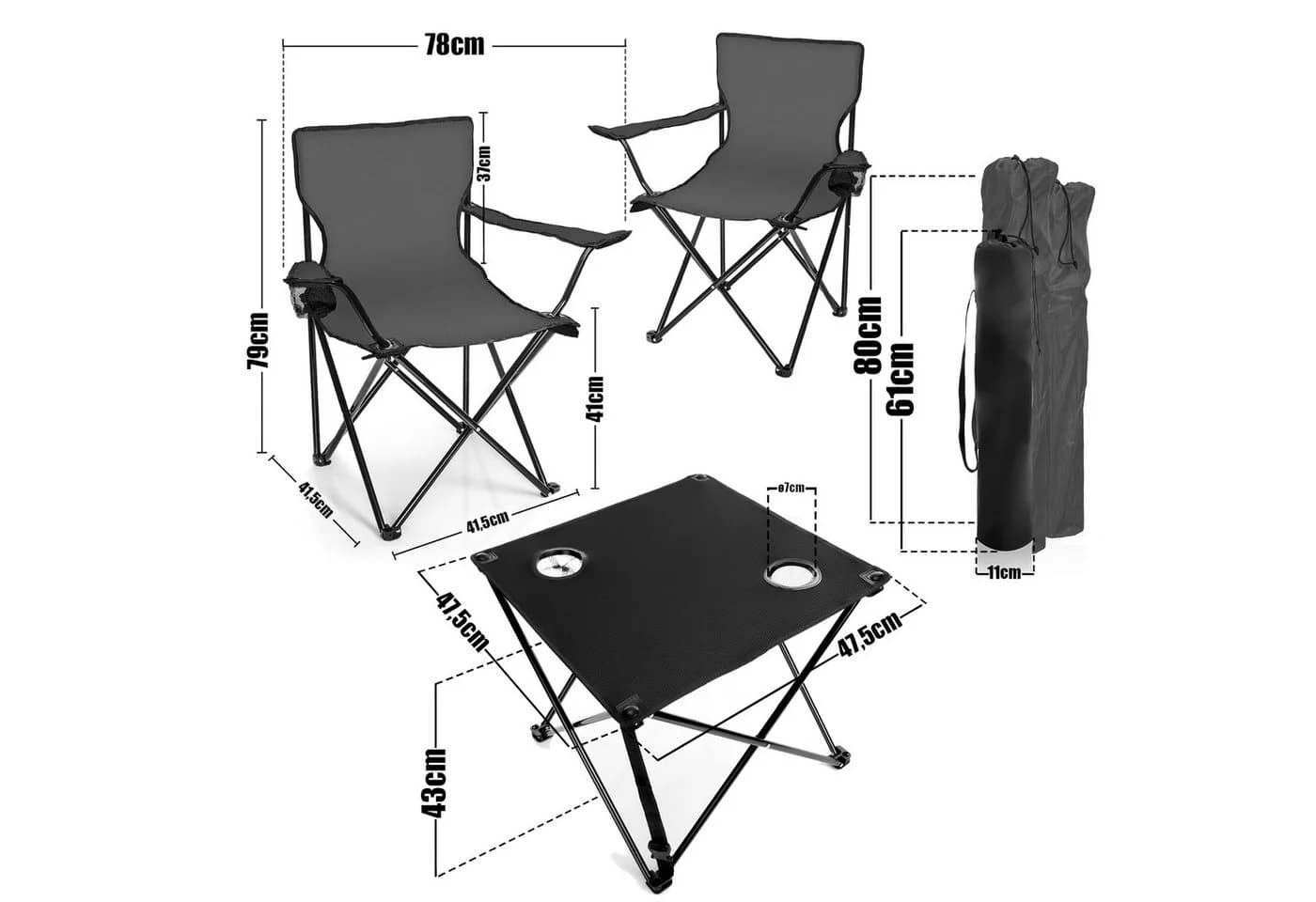 BigDean Campingstuhl Set 2 Stühle + Tisch Dunkelgrau Faltbar Wetterfest - Bild 3