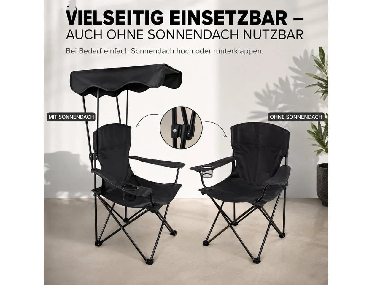 BigDean Faltstuhl Campingstuhl mit Sonnenschutz Schwarz