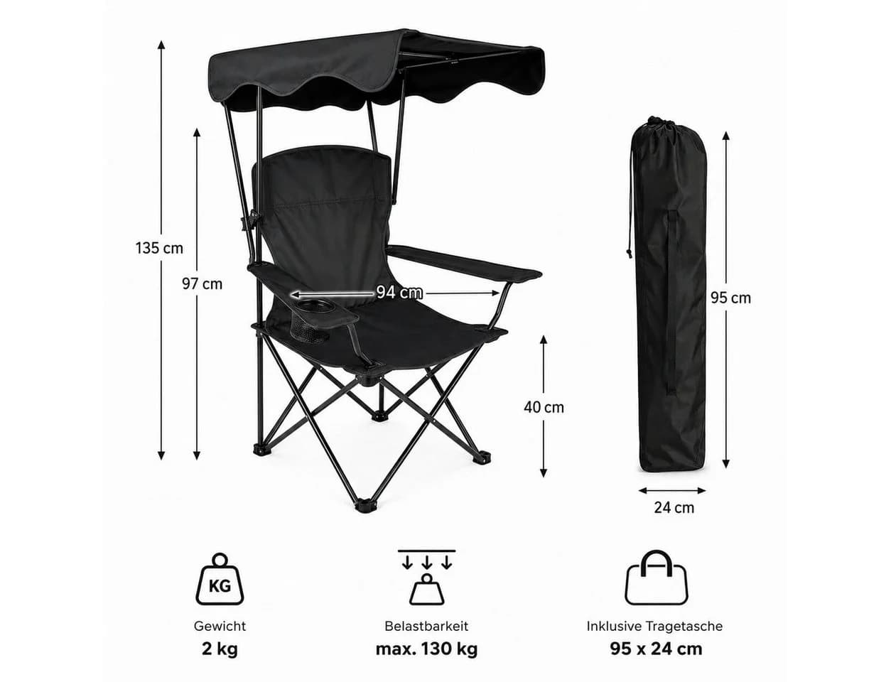BigDean Faltstuhl Campingstuhl mit Sonnenschutz Schwarz - Bild 3