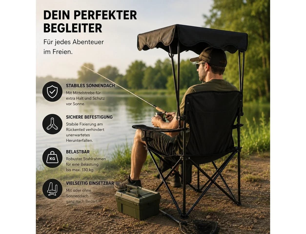 BigDean Faltstuhl Campingstuhl mit Sonnenschutz Schwarz - Bild 4