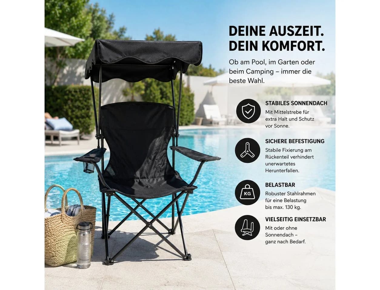 BigDean Faltstuhl Campingstuhl mit Sonnenschutz Schwarz - Bild 5