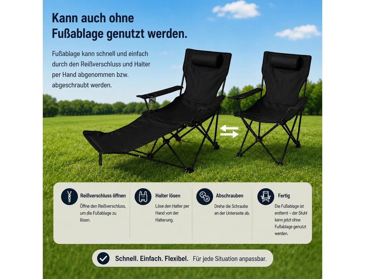 BigDean Faltstuhl Campingstuhl Verstellbare Hohe Rückenlehne Schwarz