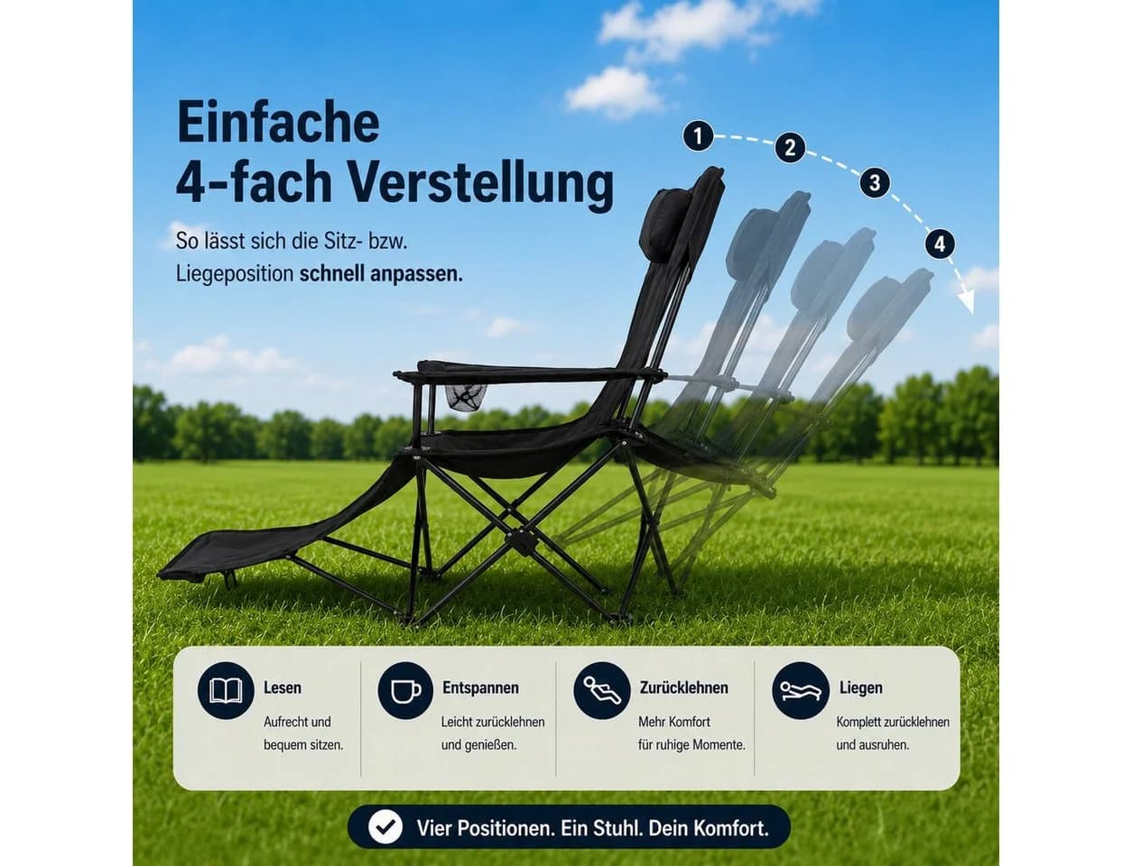 BigDean Faltstuhl Campingstuhl Verstellbare Hohe Rückenlehne Schwarz - Bild 4