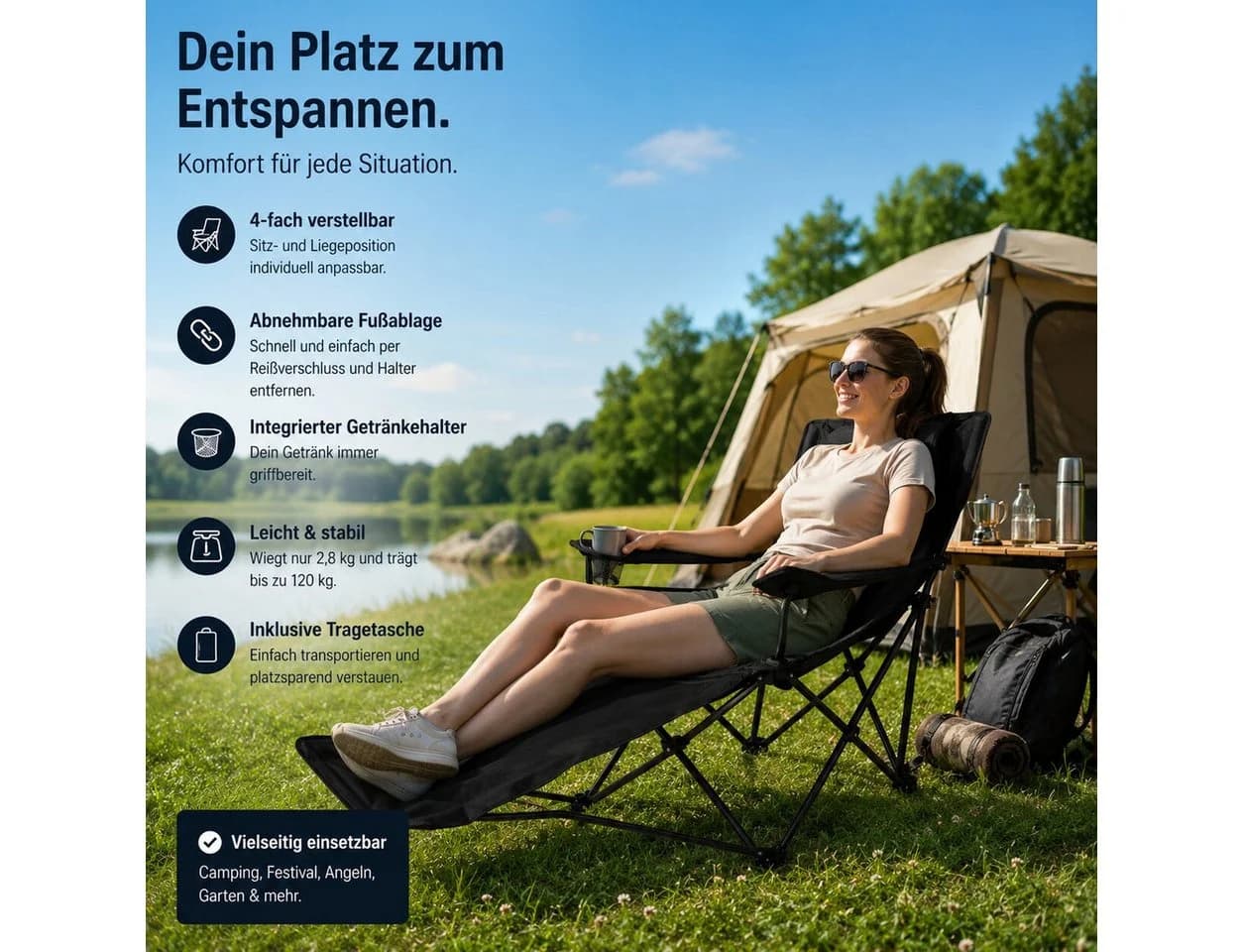 BigDean Faltstuhl Campingstuhl Verstellbare Hohe Rückenlehne Schwarz - Bild 5