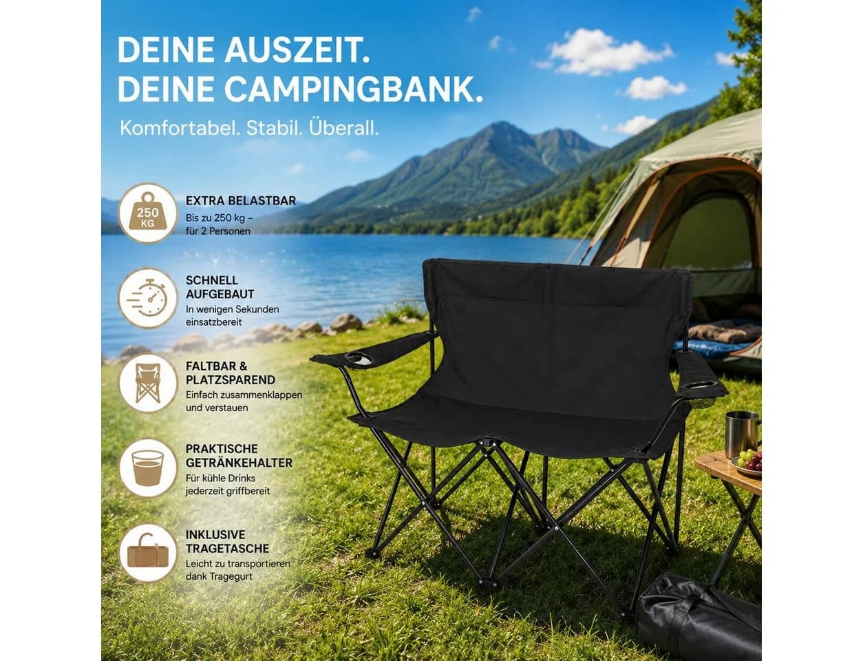 BigDean Faltstuhl Camping Sofa 2 Personen Schwarz