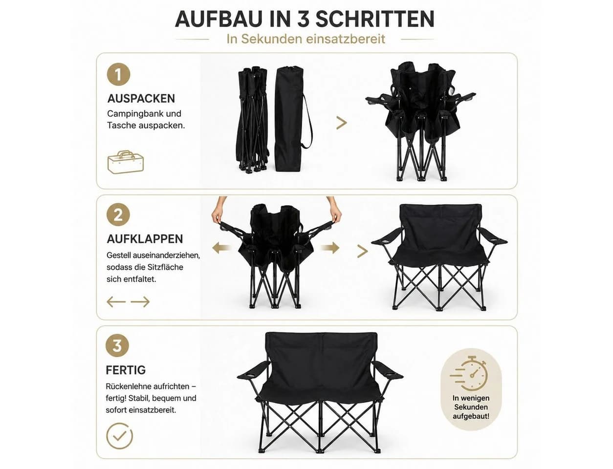 BigDean Faltstuhl Camping Sofa 2 Personen Schwarz - Bild 3