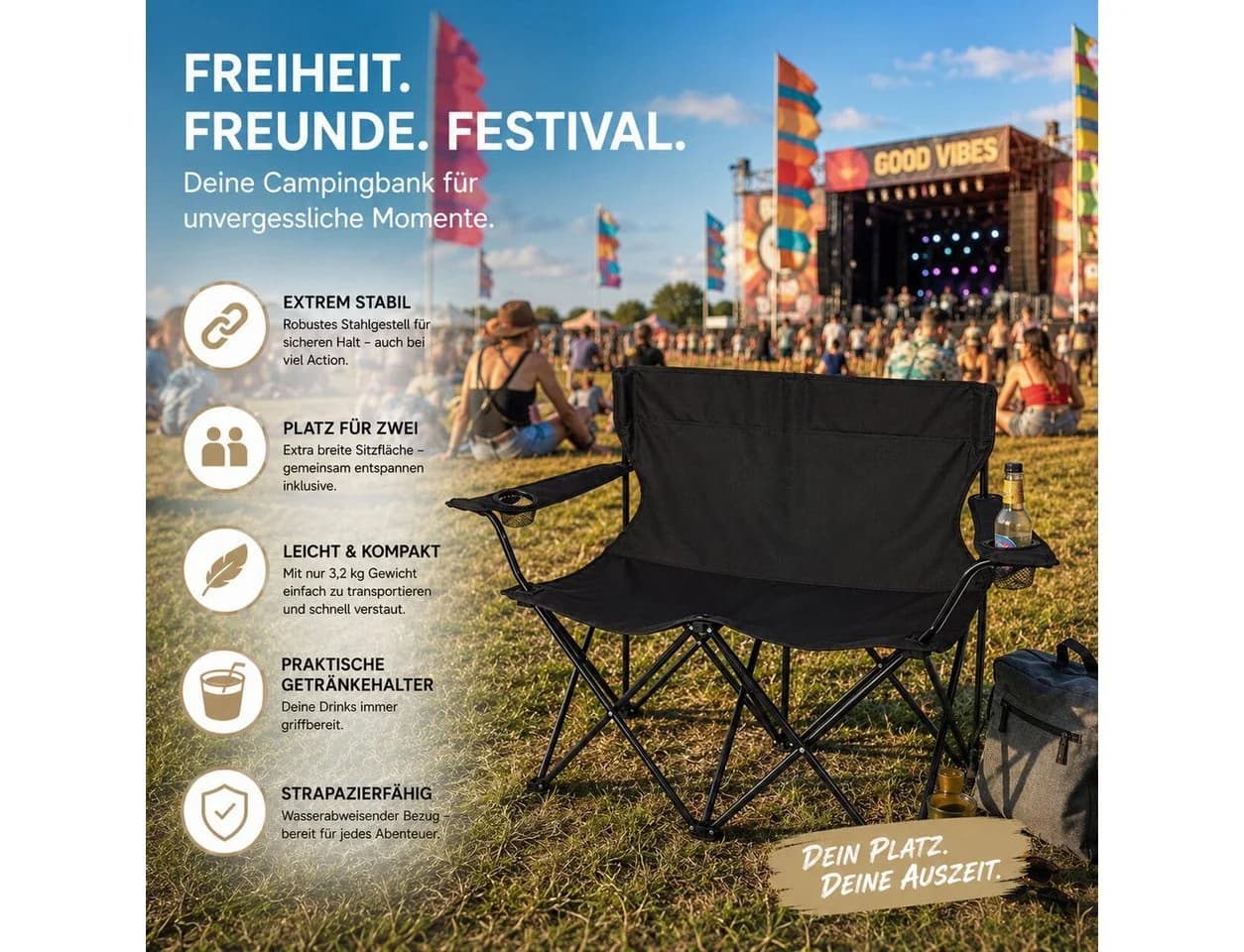 BigDean Faltstuhl Camping Sofa 2 Personen Schwarz - Bild 5