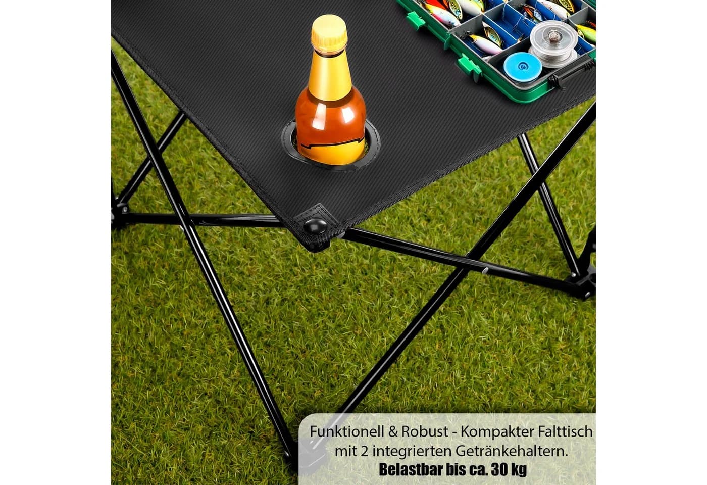 BigDean Campingtisch Faltbar Schwarz 30kg Belastbar mit Getränkehaltern