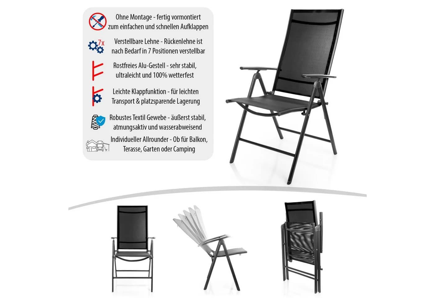 BigDean Klappbarer Gartenstuhl 2er Set 7-fach verstellbar Dunkelgrau-Schwarz