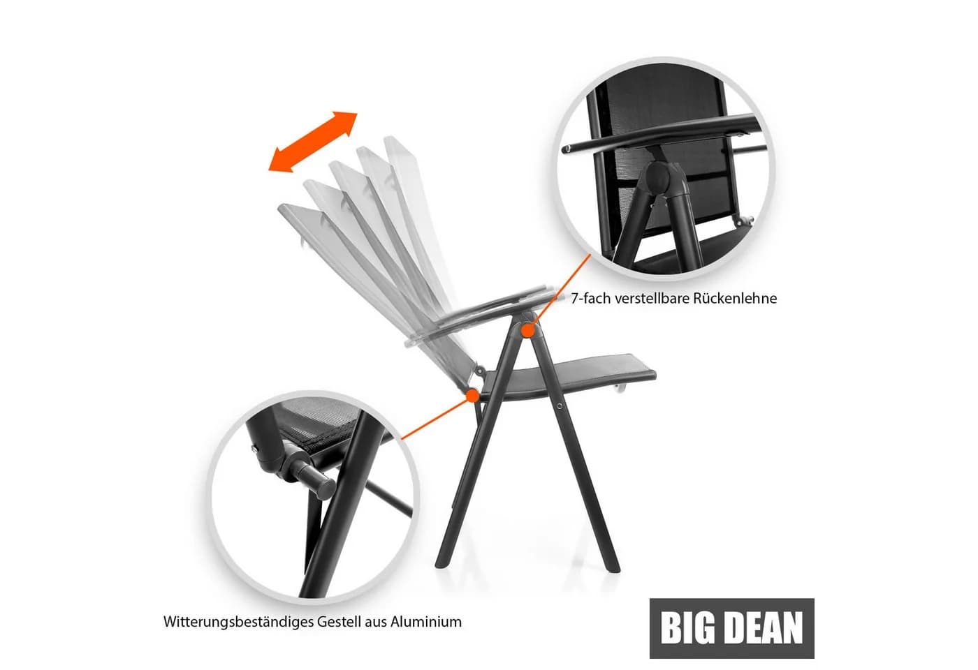 BigDean Klappbarer Gartenstuhl 2er Set 7-fach verstellbar Dunkelgrau-Schwarz - Bild 4