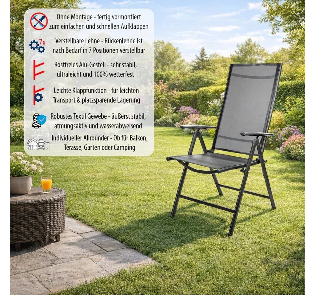 BigDean Klappstuhl Gartenstuhl Hochlehner Grau Set 2 St