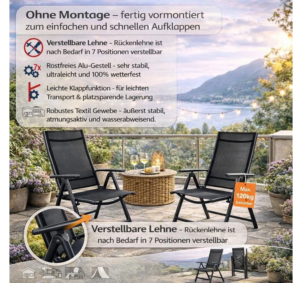BigDean Klappstuhl Gartenstuhl Hochlehner Set 2 St. Schwarz
