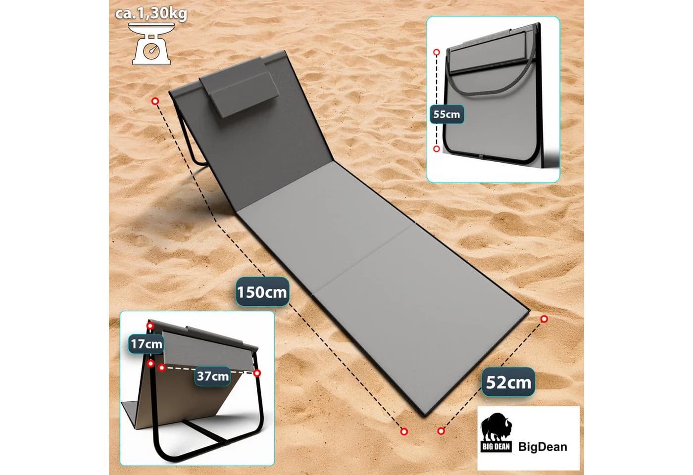 BigDean Strandliege 2er Set Klappbar Grau Oxford-Gewebe - Bild 3