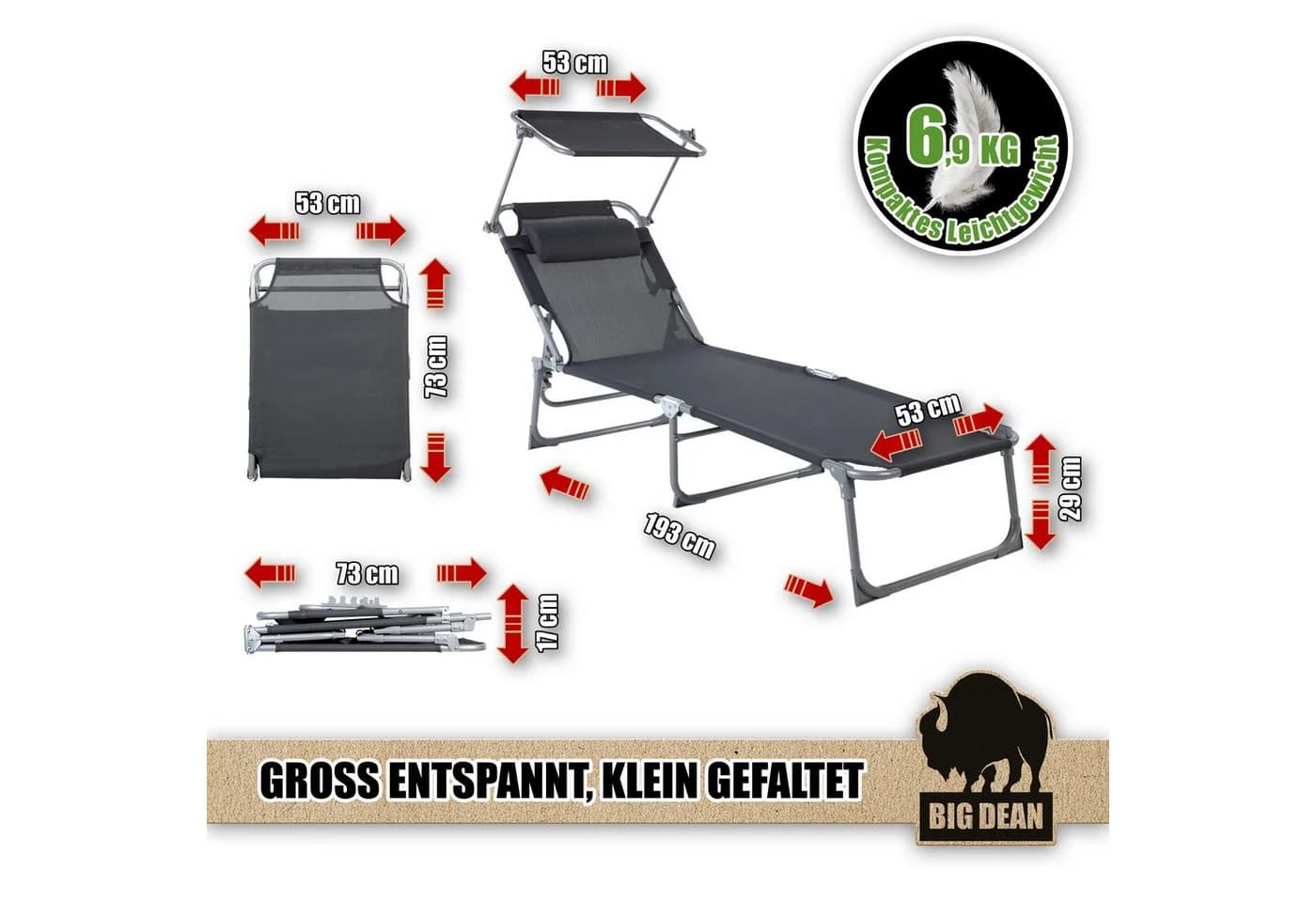 BigDean Gartenliege Sonnenliege klappbar mit Kopfkissen & Dach extra hoch dunkelgrau 150kg - Bild 3