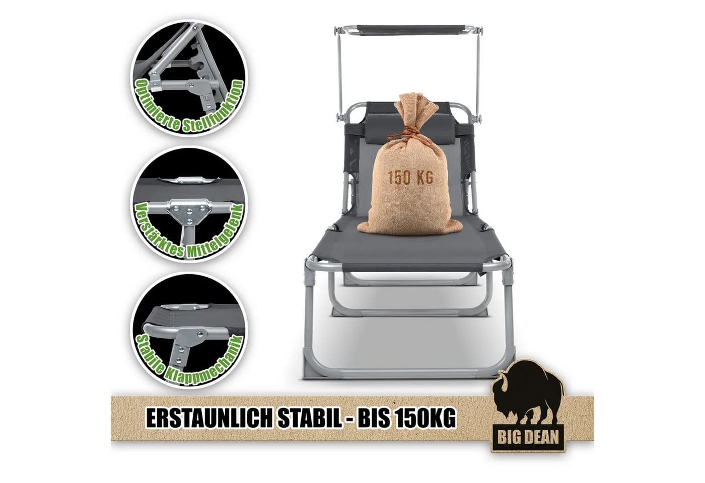 BigDean Gartenliege Sonnenliege klappbar mit Kopfkissen & Dach extra hoch dunkelgrau 150kg - Bild 4