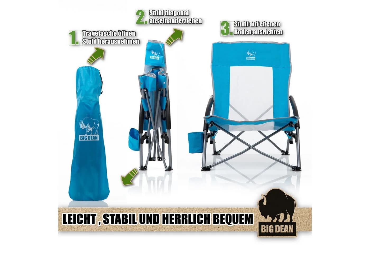 BigDean Faltstuhl Strandstuhl klappbar leicht stabil mit Getränkehalter, UV-Beständig, Tragetasche, Extrabreite Standfüße