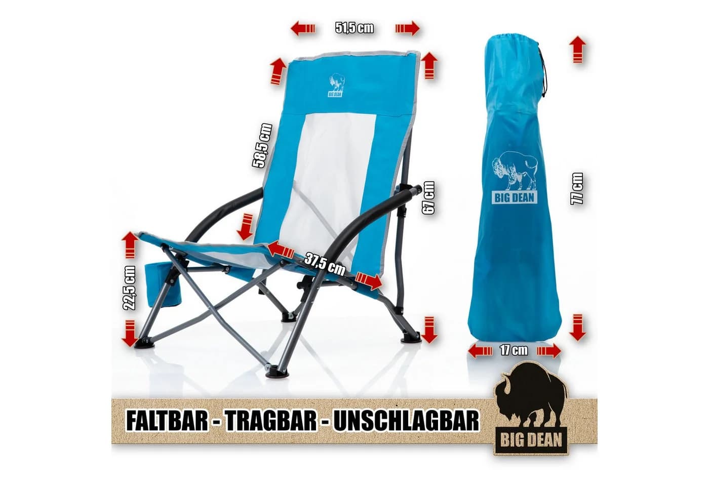 BigDean Faltstuhl Strandstuhl klappbar leicht stabil mit Getränkehalter, UV-Beständig, Tragetasche, Extrabreite Standfüße - Bild 4