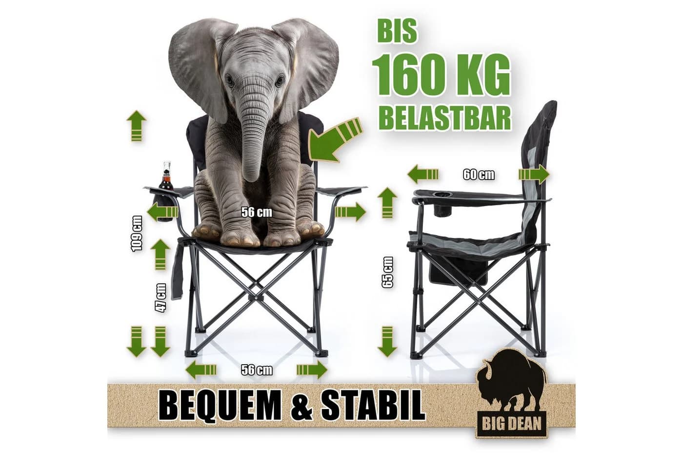 BigDean Campingstuhl Faltbar 160 KG Schwarz Hochlehner