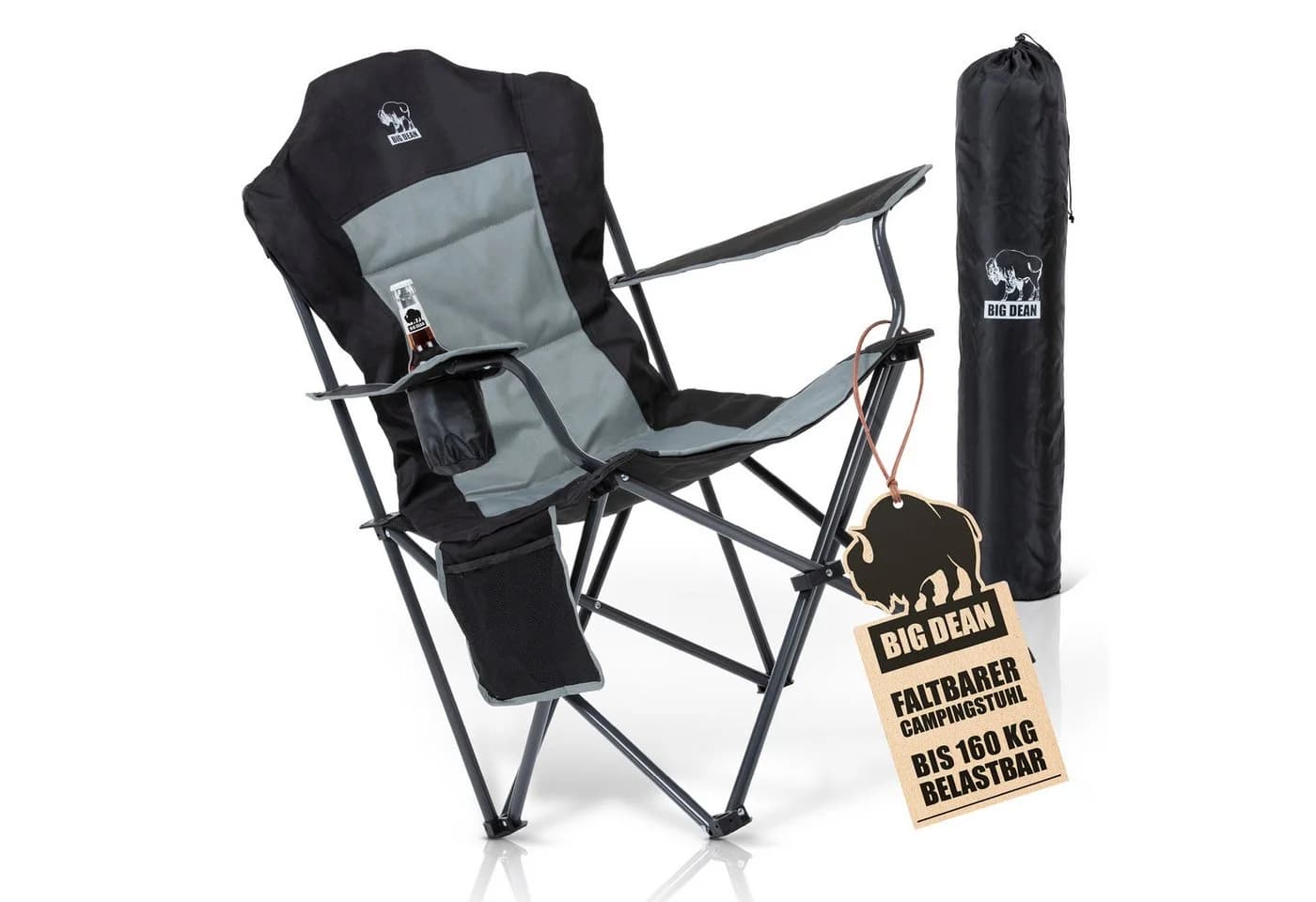 BigDean Campingstuhl Faltbar 160 KG Schwarz Hochlehner - Bild 2