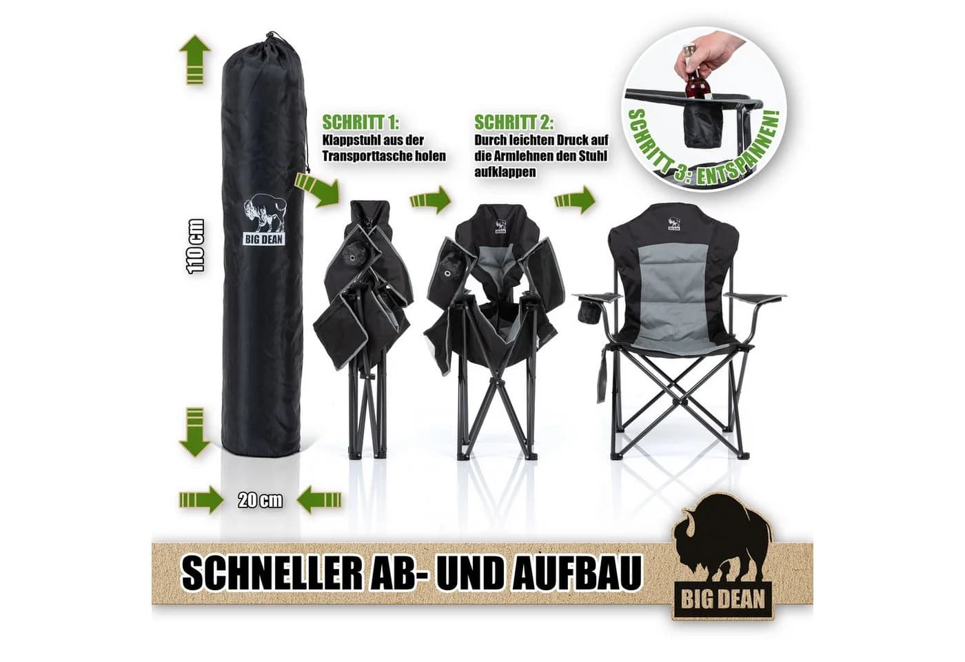 BigDean Campingstuhl Faltbar 160 KG Schwarz Hochlehner - Bild 4