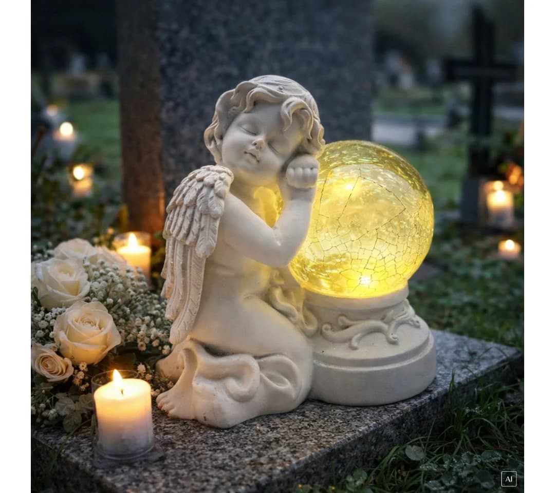abc HOME Engel mit LED-Beleuchtung und Solarpanel, Polyresin, Crackle-Effekt