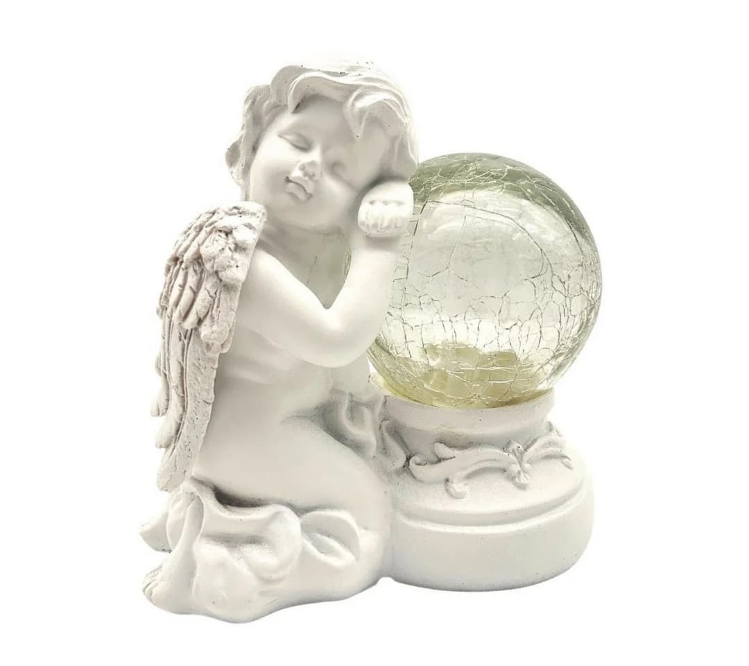 abc HOME Engel mit LED-Beleuchtung und Solarpanel, Polyresin, Crackle-Effekt - Bild 3