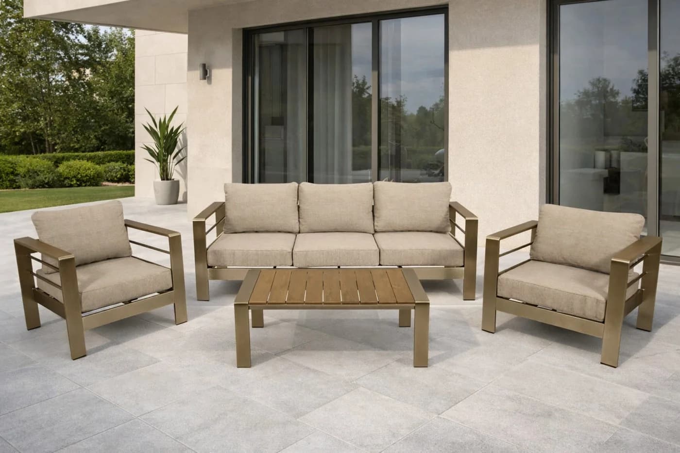 DEGAMO Lounge Set Cannes Aluminium gebürstet Kunstholz natur Polster hellgrau - Bild 3