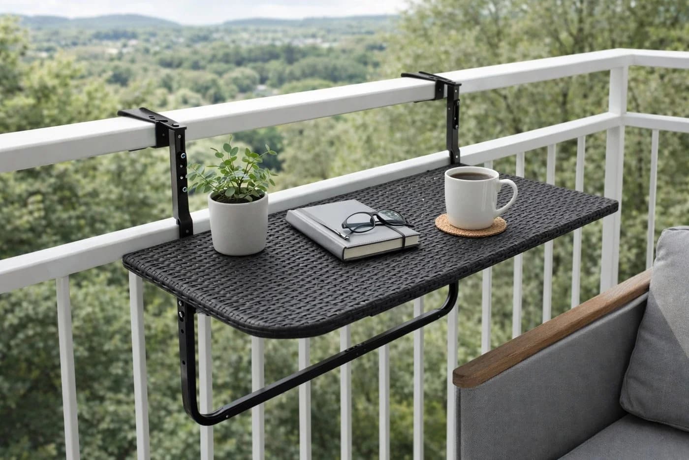 DEGAMO Balkonhängetisch 120x40cm Metall Polyrattan Schwarz - Bild 5