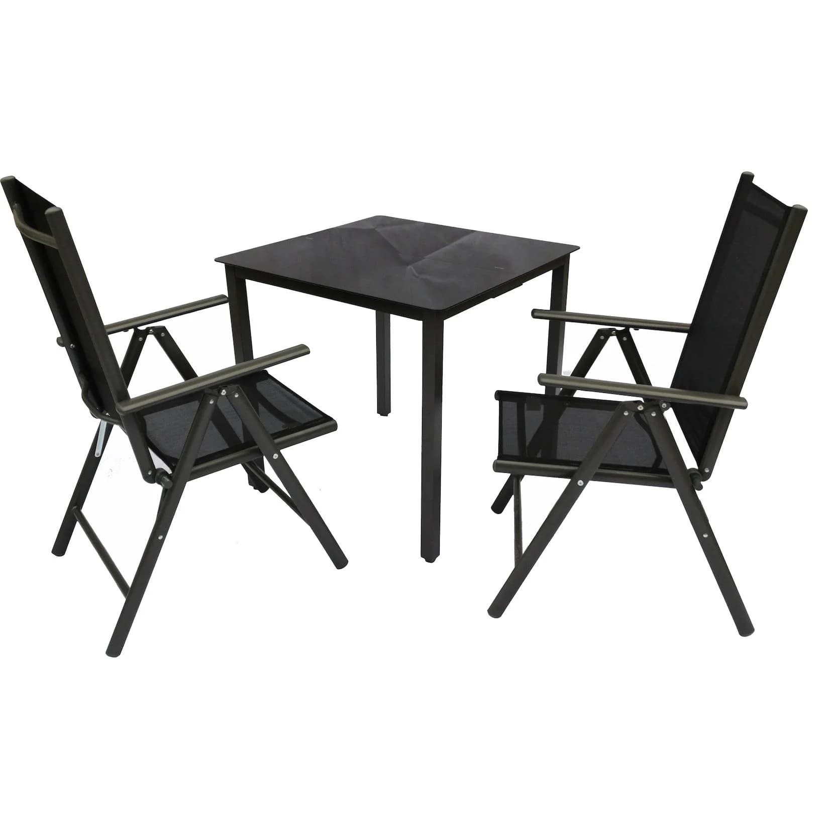 VCM 3-teiliges Gartenmöbel-Set mit ESG-Glastisch und klappbaren Stühlen