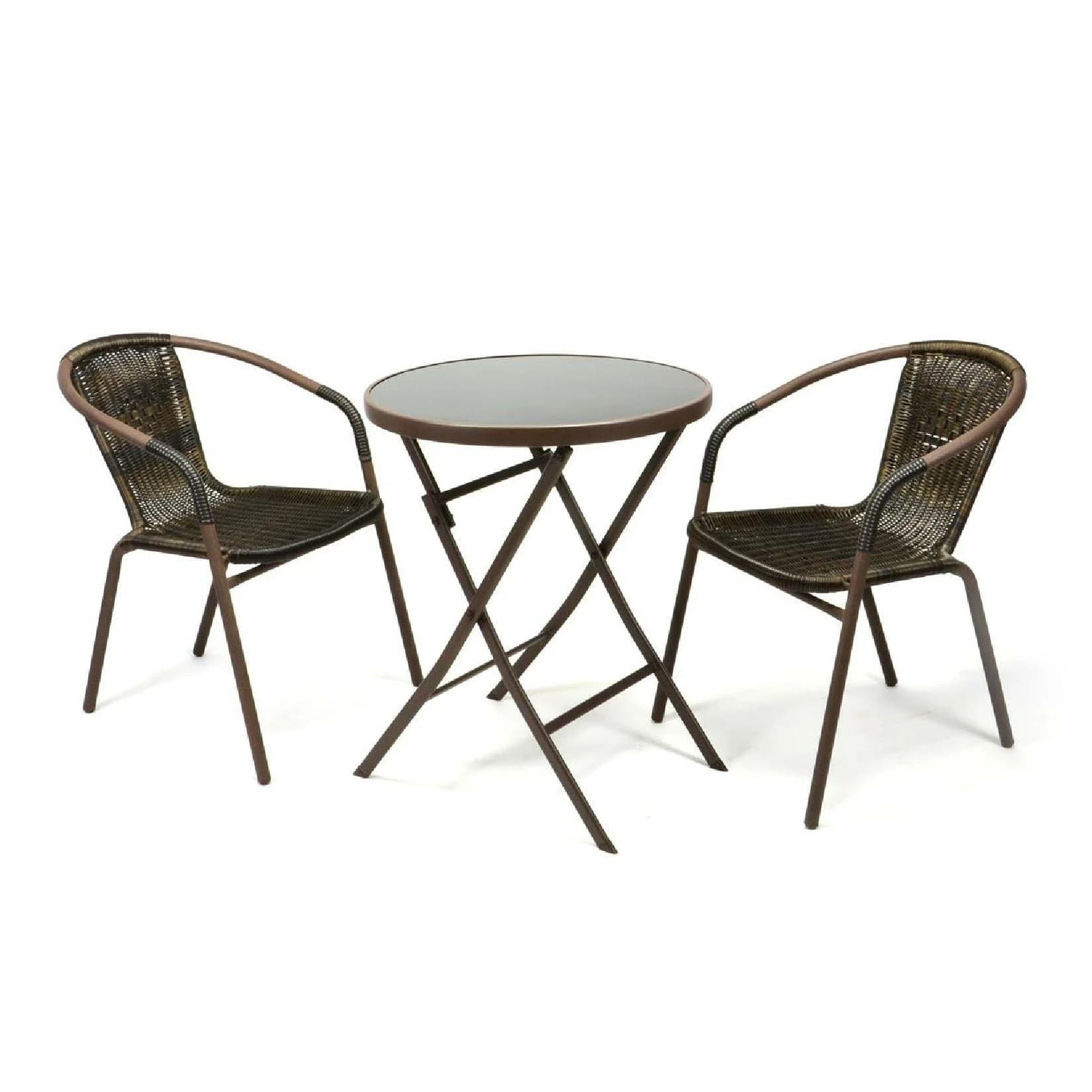 VCM 3-tlg. Bistroset Gartenmöbelset mit Glastisch und Polyrattan Stühlen Braun