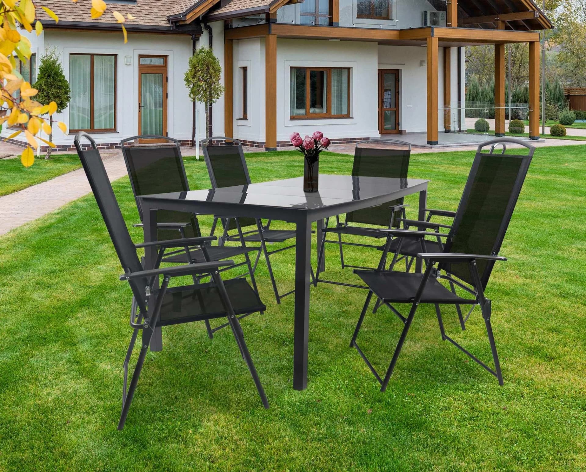 VCM 7-tlg. Gartenmöbel-Set Anthrazit mit ESG-Glastisch und 6 Hochlehner-Stühlen - Bild 2