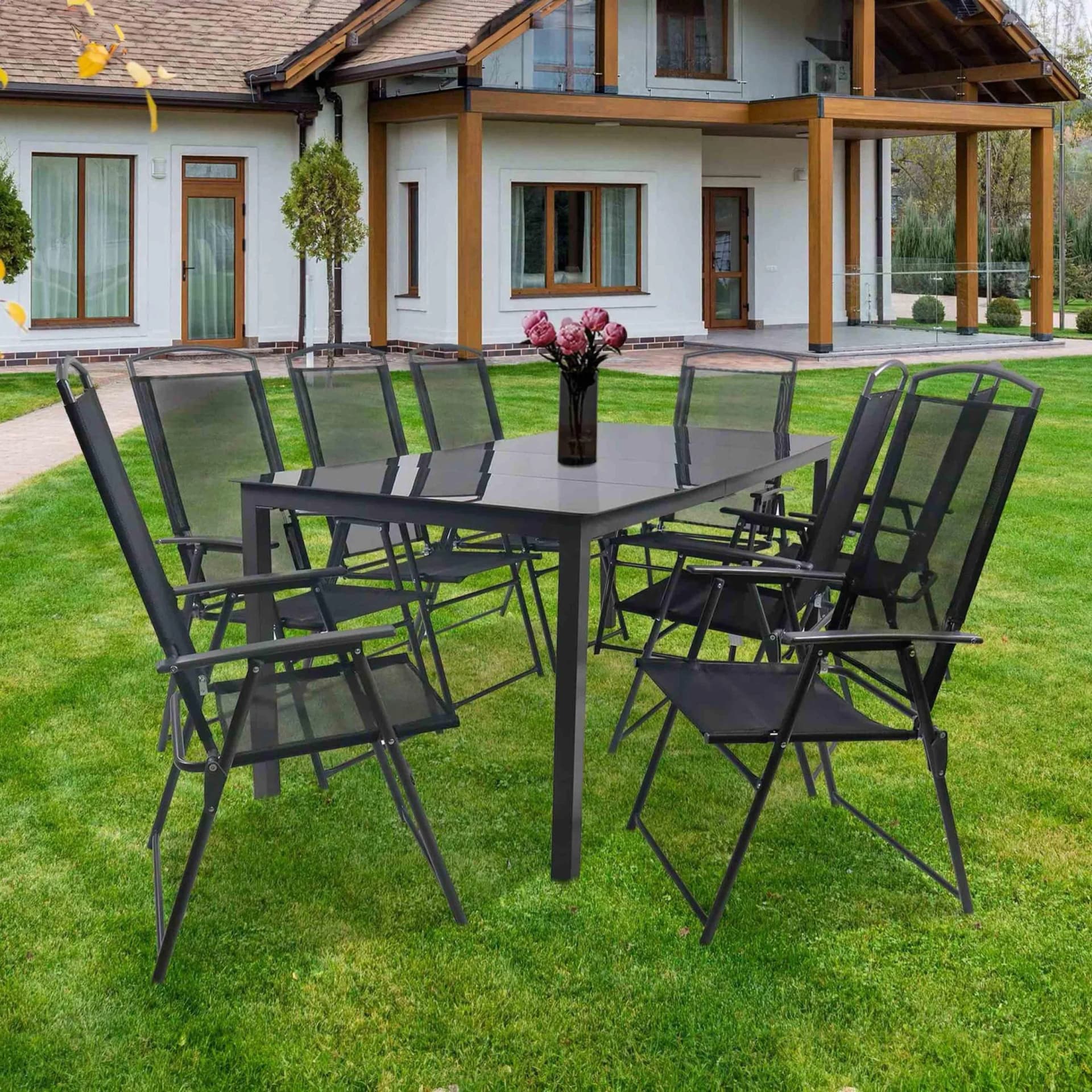 VCM 9-tlg. Gartenmöbel Set Anthrazit mit ESG-Glasplatte - Bild 2
