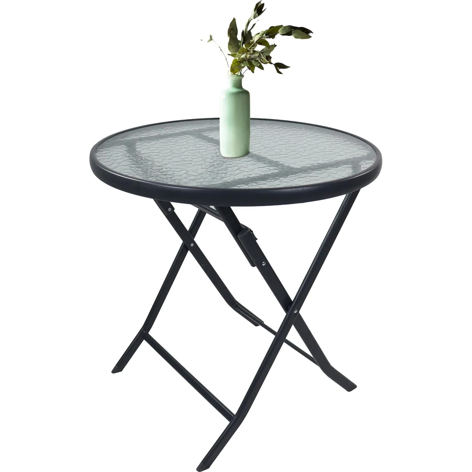 VCM Gartentisch rund 70 cm Metall mit Glasplatte klappbar wetterbeständig