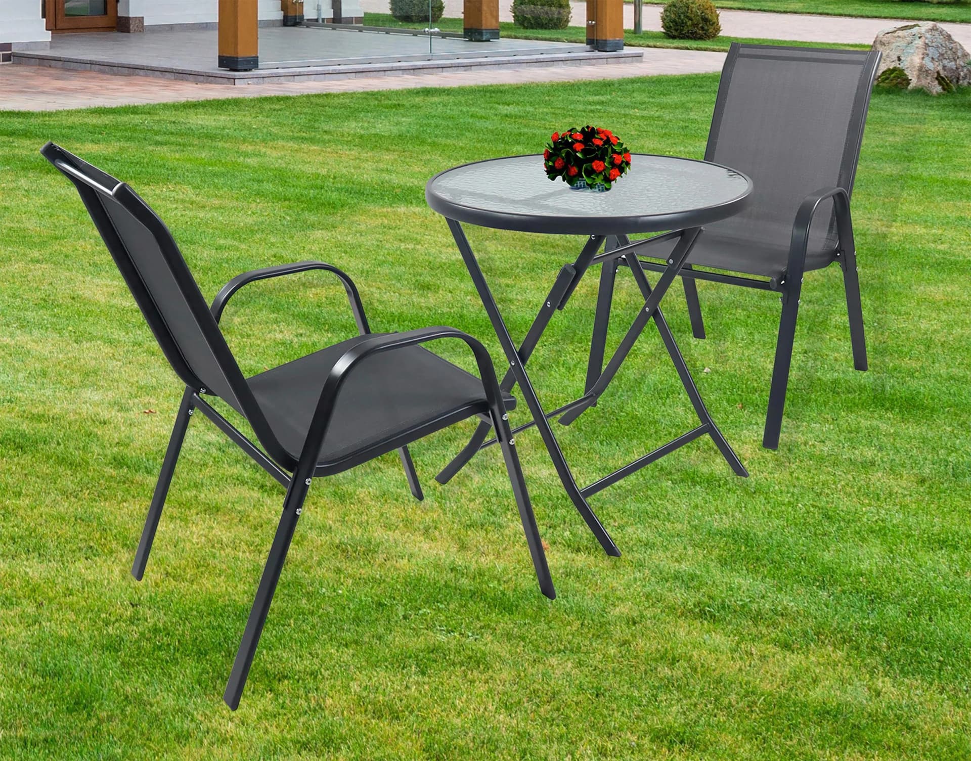 VCM 3-tlg. Gartenmöbel Set mit klappbarem Glastisch und 2 Stühlen - Bild 2