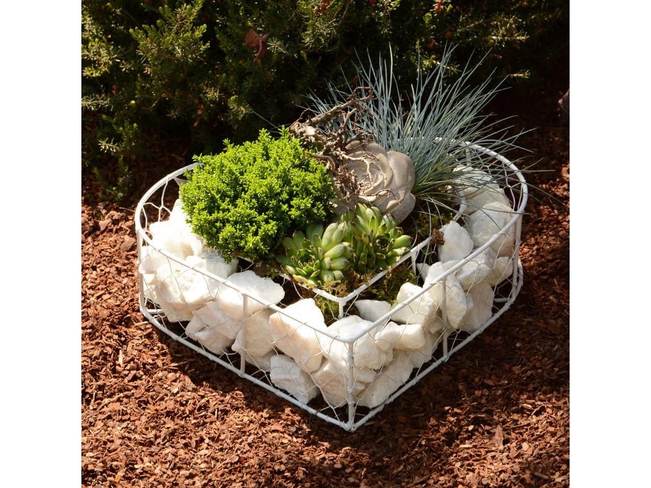 UNUS GARDEN Blumenkasten Herz Metall Grau-Weiß mit Steinen