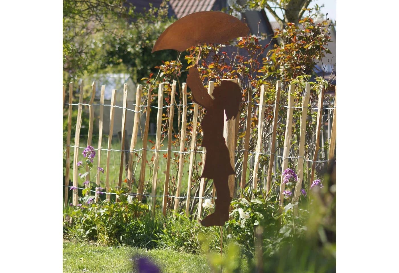 UNUS GARDEN Gartenstecker Mädchen mit Schirm Rostoptik Metall Deko