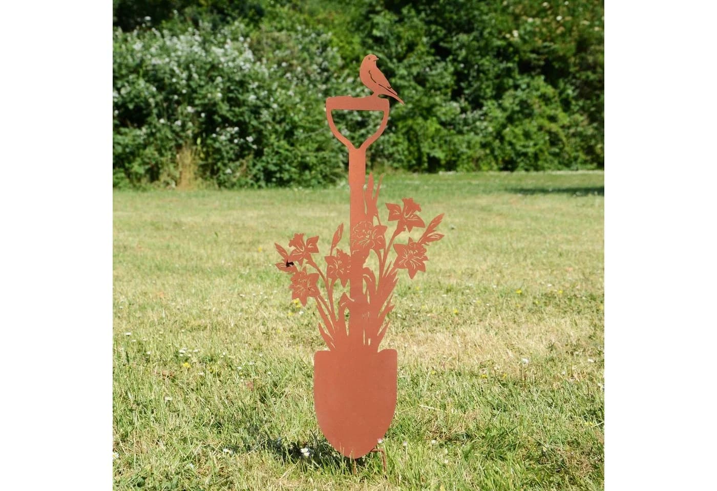 UNUS GARDEN Rostoptik Gartenstecker Spaten mit Vogel und Blumen