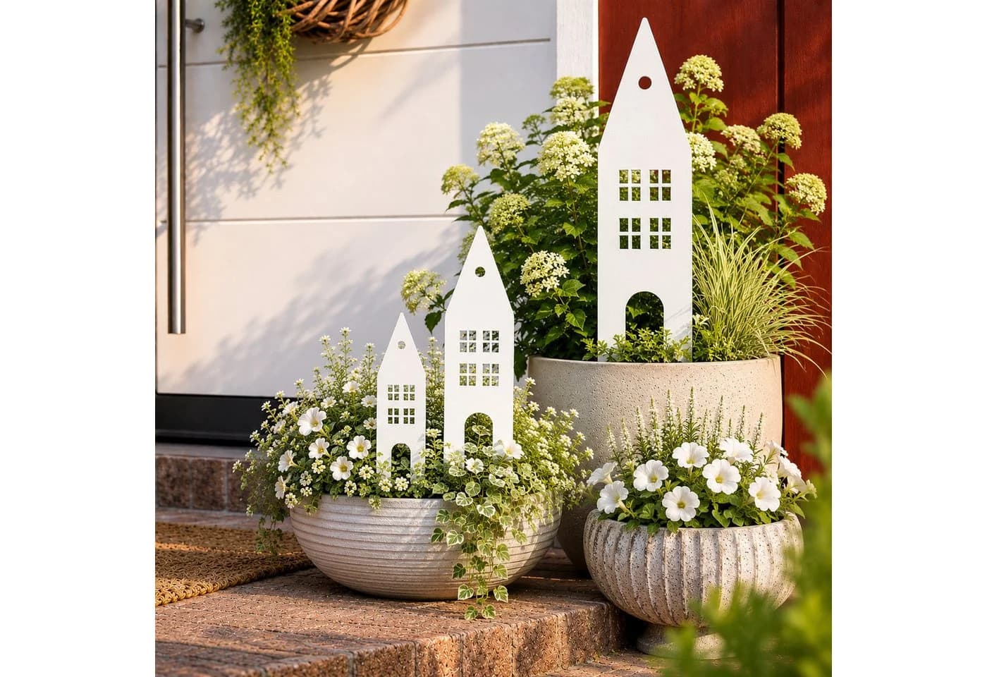 UNUS GARDEN Gartenstecker 3er Set Weißoptik Metall Häuser Deko