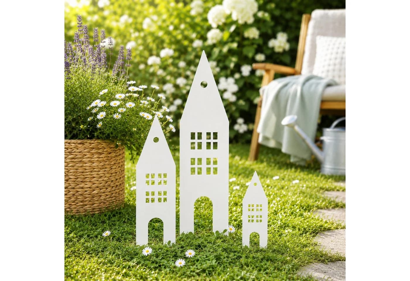 UNUS GARDEN Gartenstecker 3er Set Weißoptik Metall Häuser Deko - Bild 3
