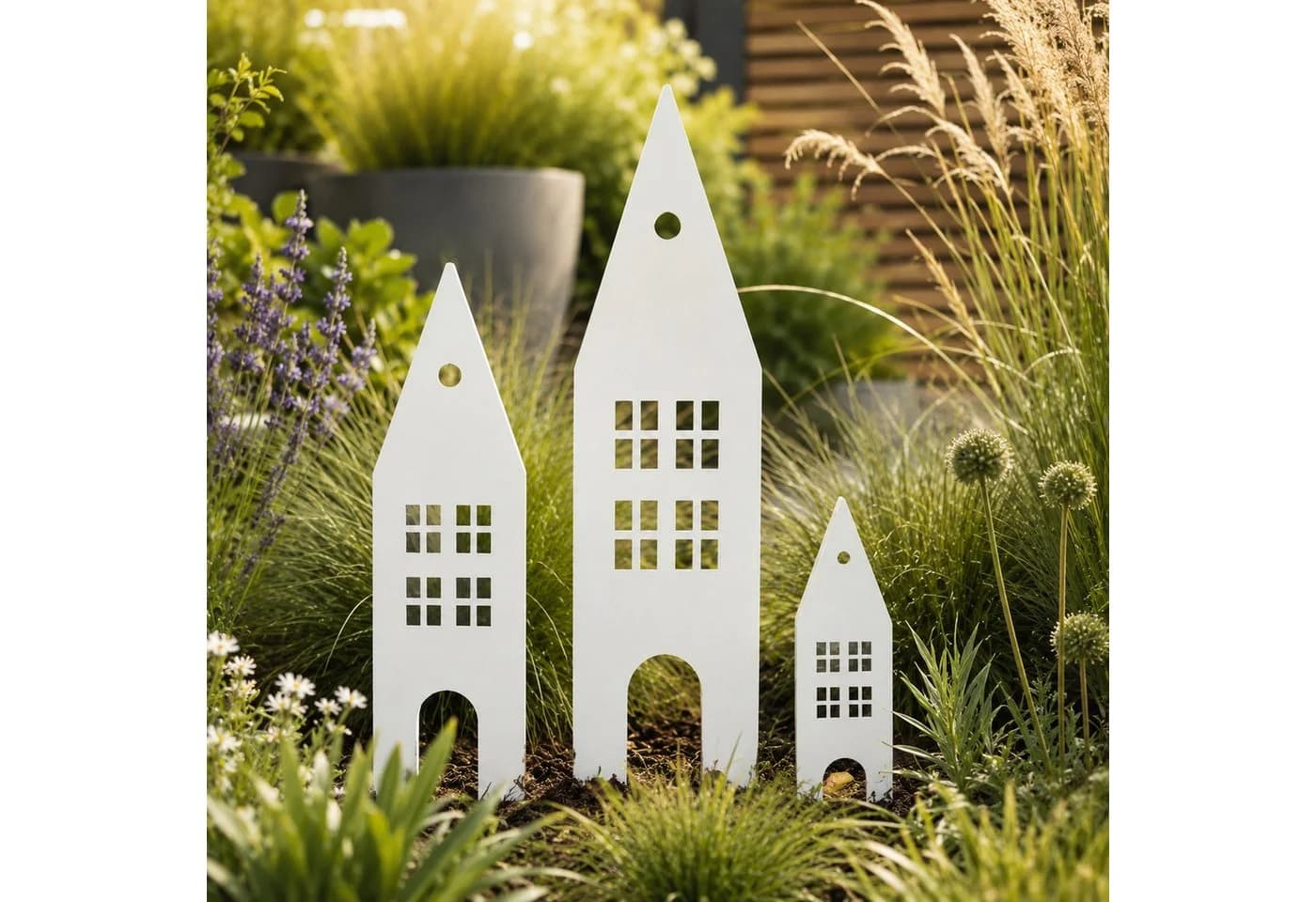 UNUS GARDEN Gartenstecker 3er Set Weißoptik Metall Häuser Deko - Bild 4