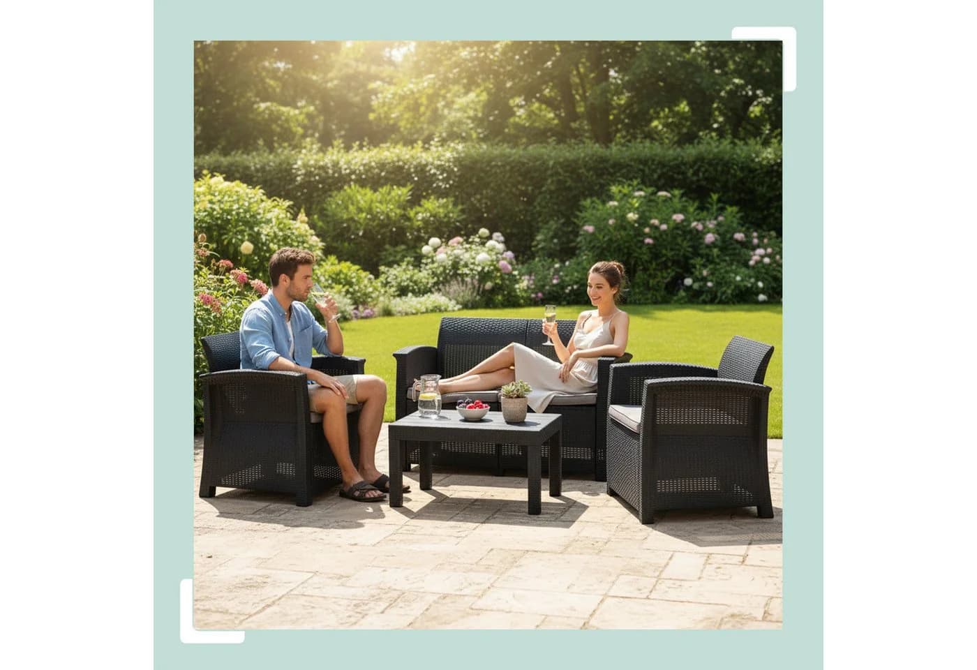 relaxdays Gartenlounge-Set 4-teilig Grau/Schwarz PP-Rattan