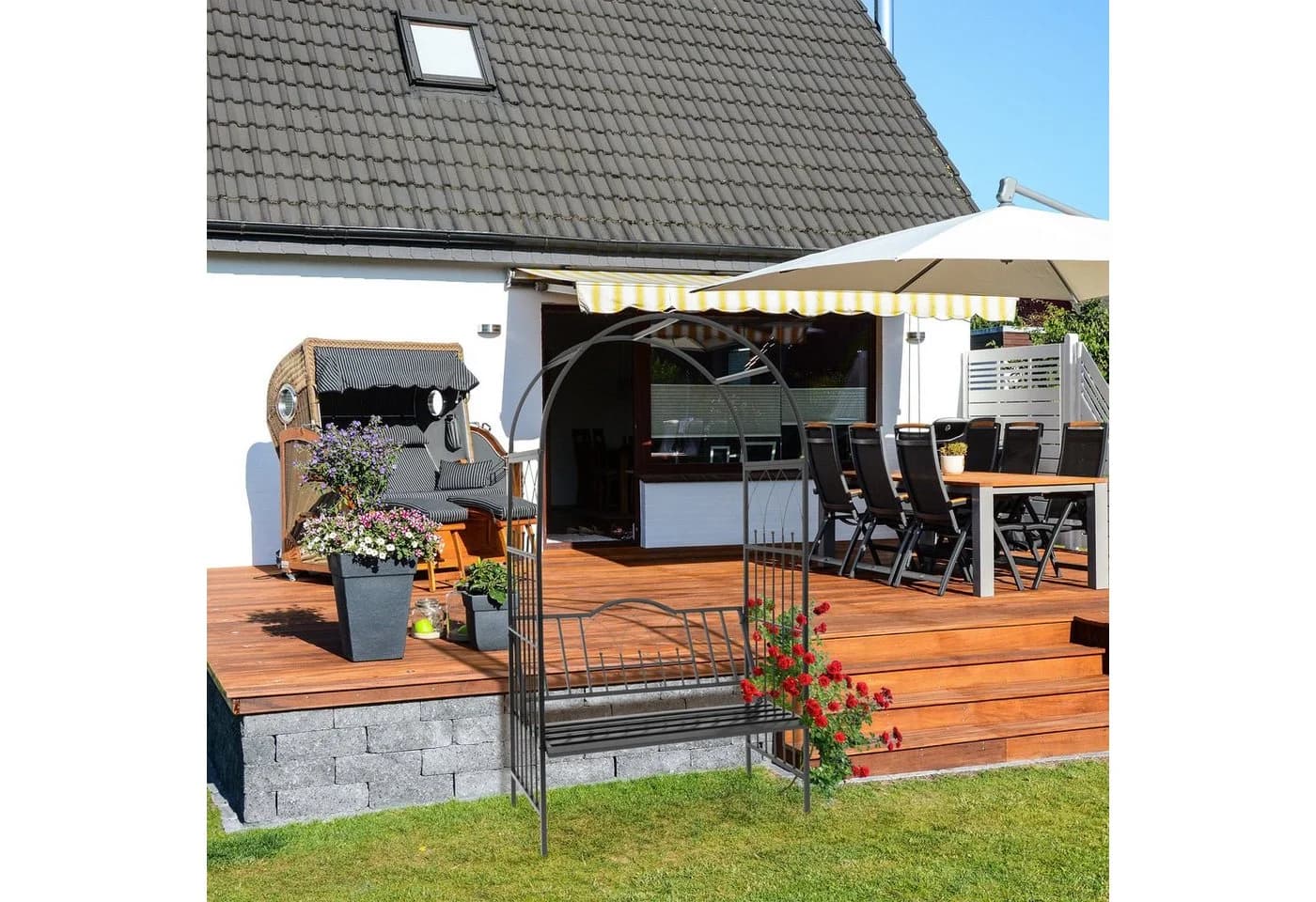 relaxdays Rosenbogen mit Bank Schwarz Witterungsbeständig