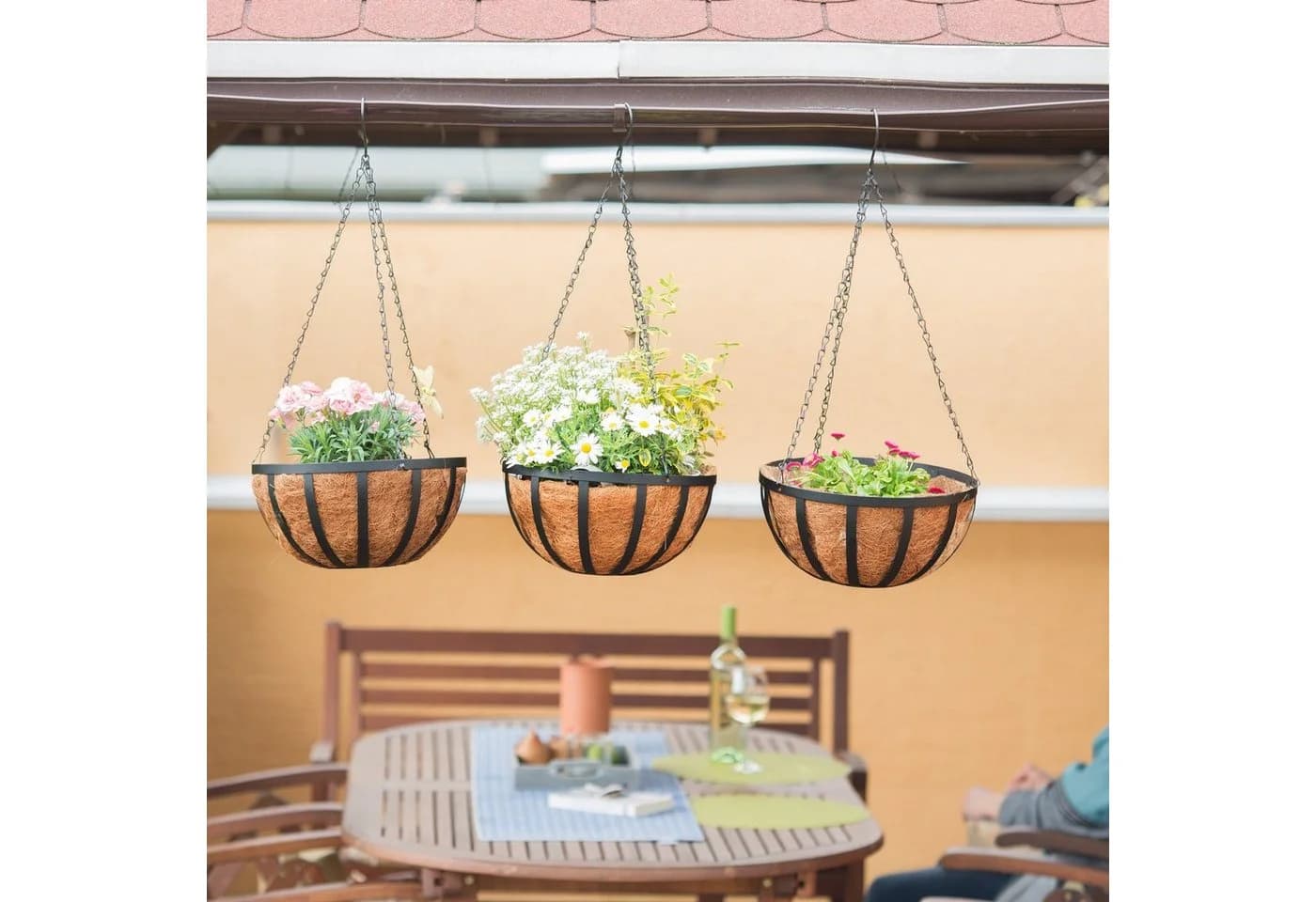 relaxdays Blumenampel 3er Set mit Kokoseinlagen Schwarz