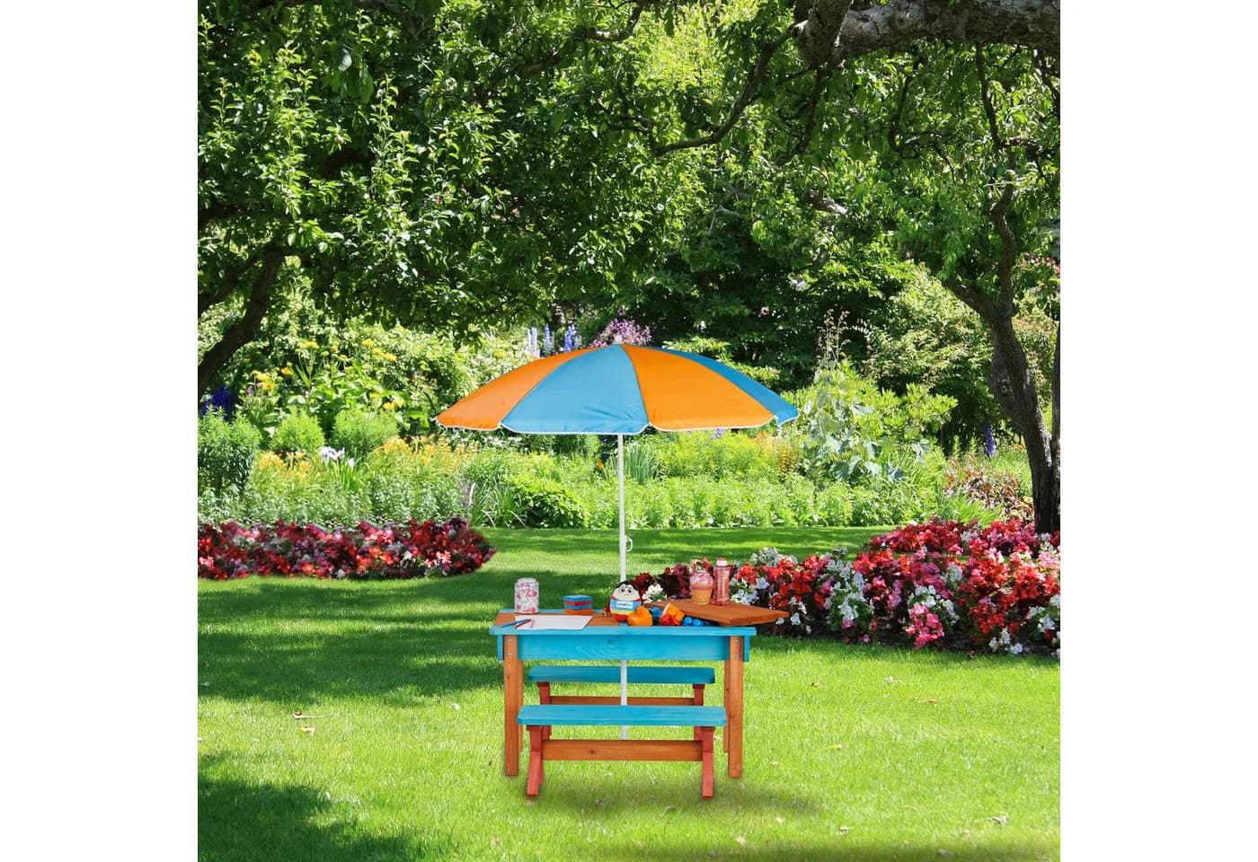 relaxdays Garten-Kindersitzgruppe mit Sonnenschirm Orange/Blau